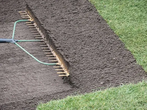 A metal rake with a green handle smoothing dark soil A metal rake with a green handle smoothing dark soil
