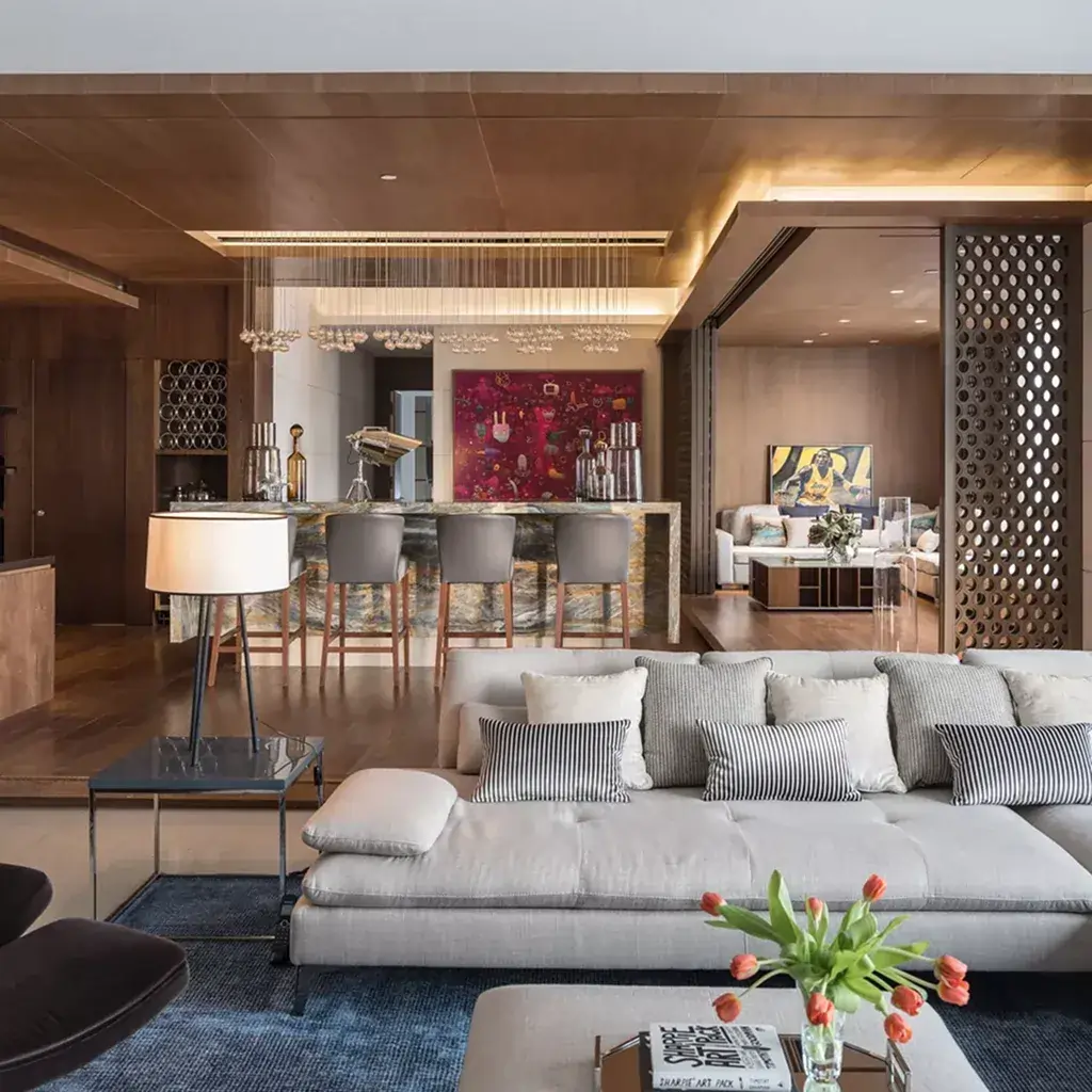 Modern living room with bar area and decorative art Modern living room with bar area and decorative art