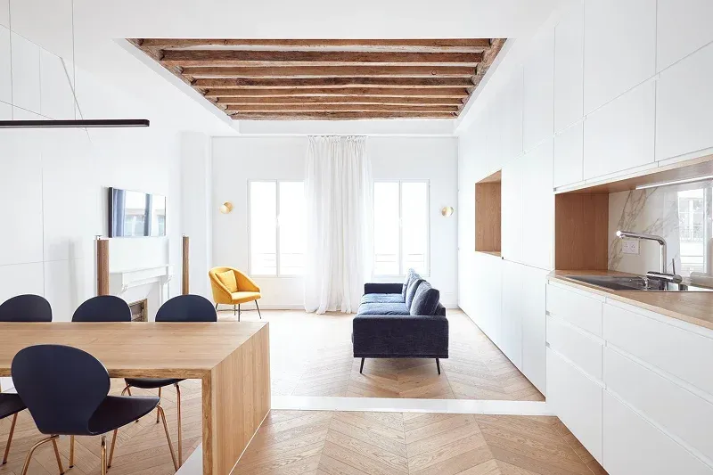 Modern living space with wooden beams and furniture Modern living space with wooden beams and furniture