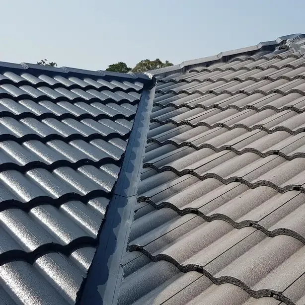 Two intersecting tiled roofs, different colors and textures