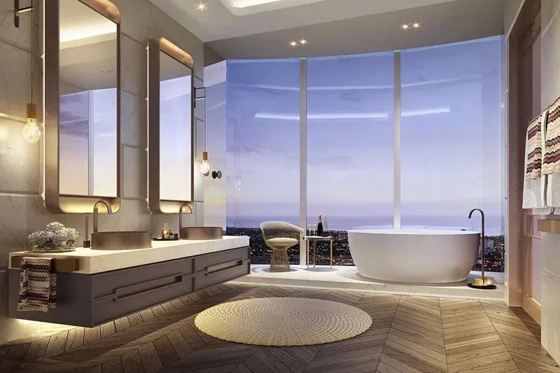 bathroom with large windows and stylish bathroom with large windows and stylish fixtures