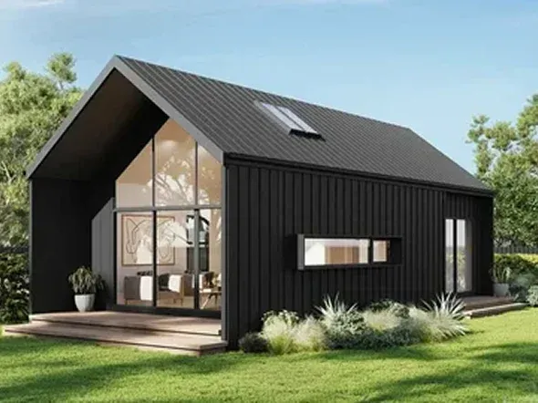 black house with large windows and greenery black house with large windows and greenery