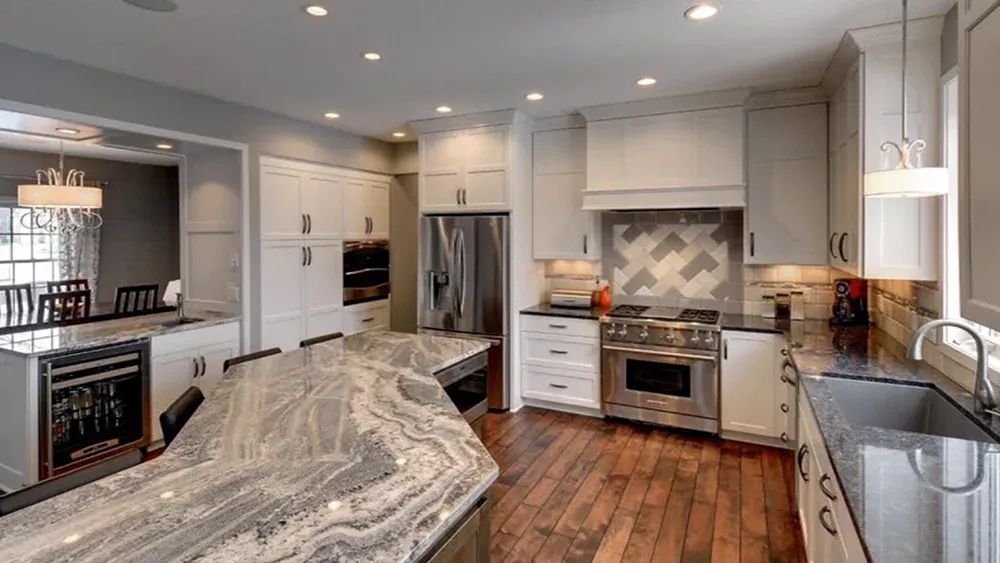 kitchen with white cabinetry, granite countertops
