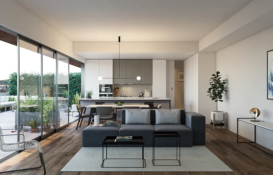 living room with a gray sofa, stylish tables